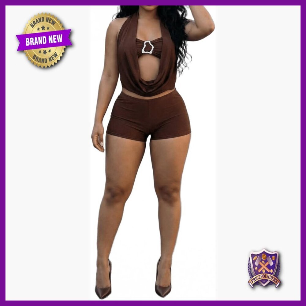 Sexy Halter Cowl Neck Top Bodycon Shorts Set Slim Fit Polyester